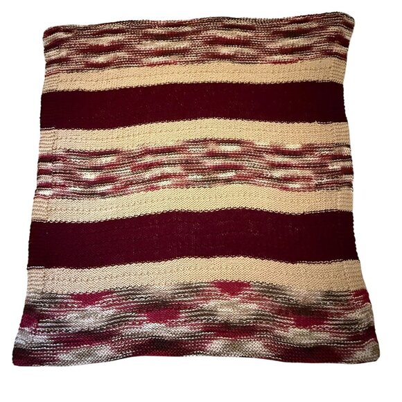 Handmade Knit Afghan Throw Blanket 48 x 45 Burgundy Tan Brown Striped - Picture 3 of 9